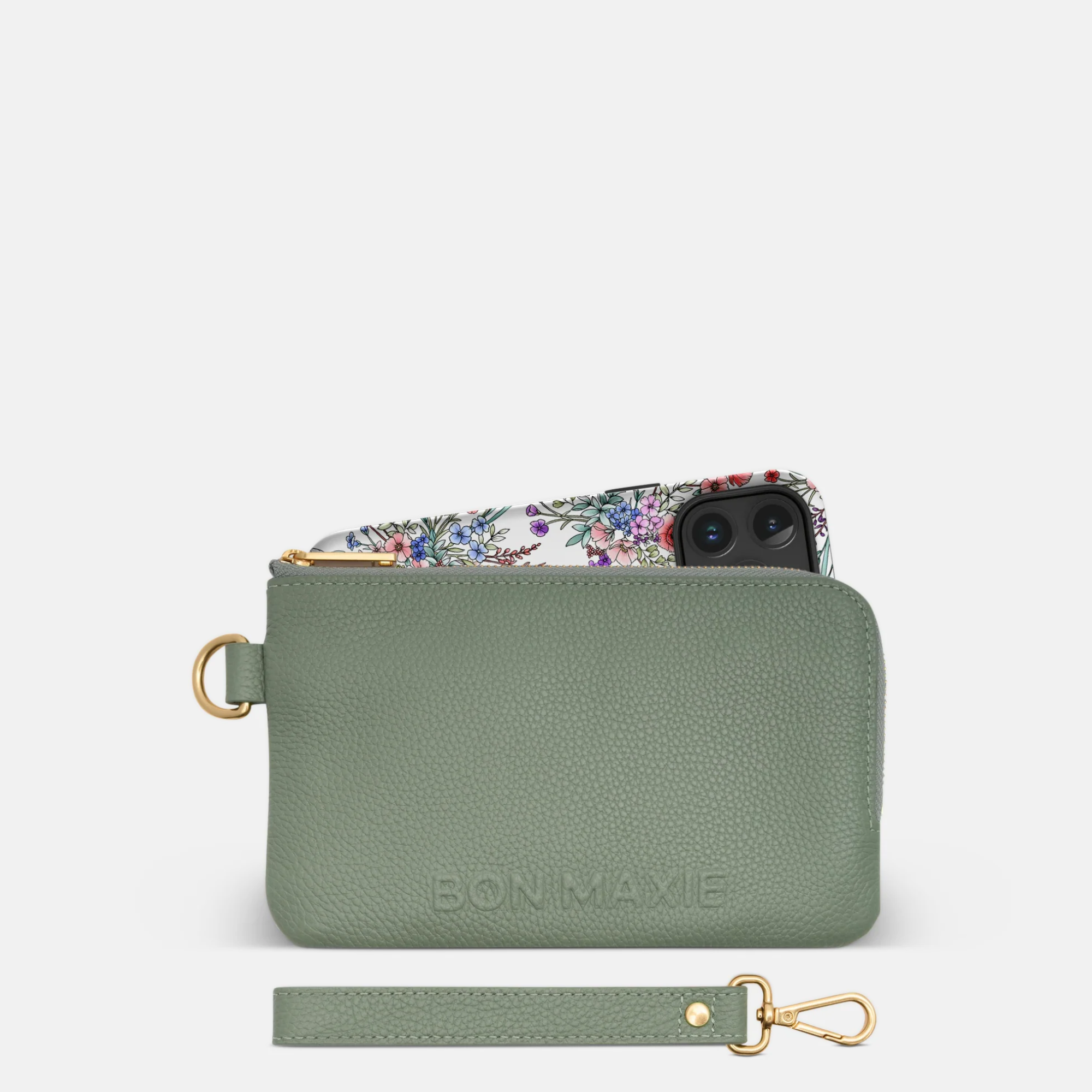 Load video: Phone Wallet Pouch in pebbled leather -- Sage