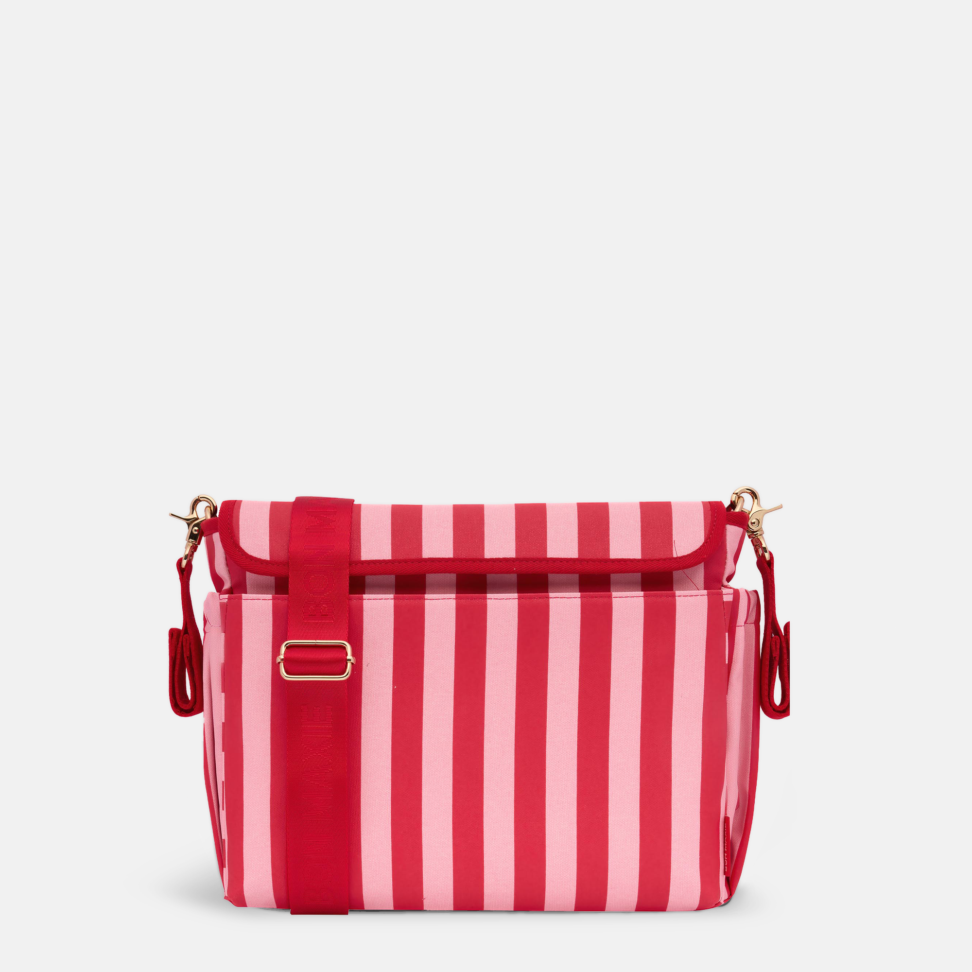 Pram Caddy Bag with pram + crossbody straps in coated canvas - Pink/Red Stripe