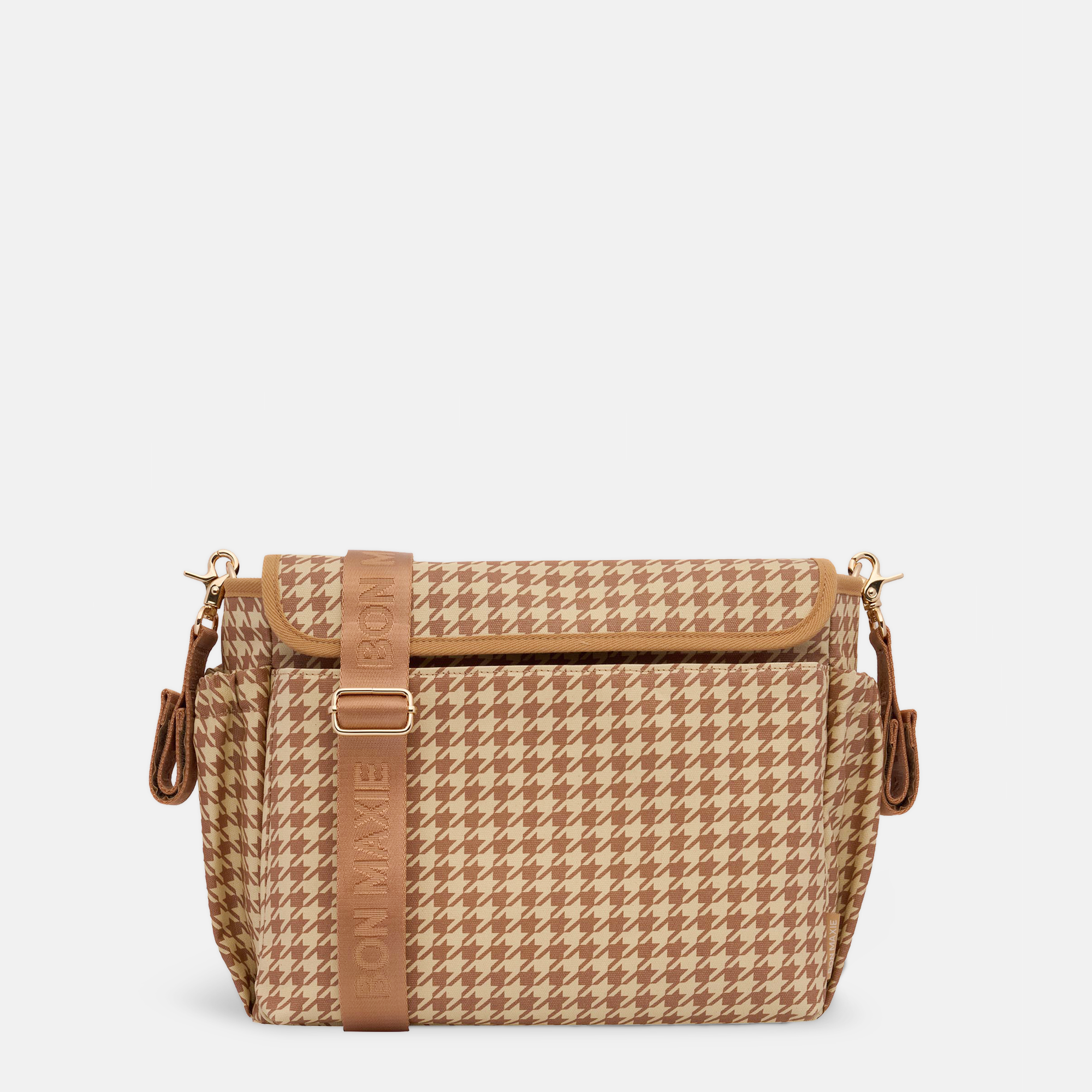 Pram Caddy Bag with pram + crossbody straps in coated canvas - Tan Houndstooth
