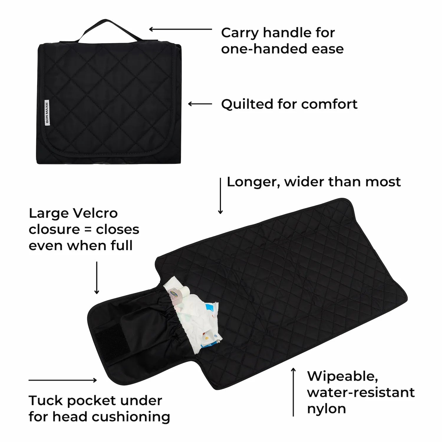 Quilted Change Mat Nappy Clutch in washable nylon -- Black – BON MAXIE