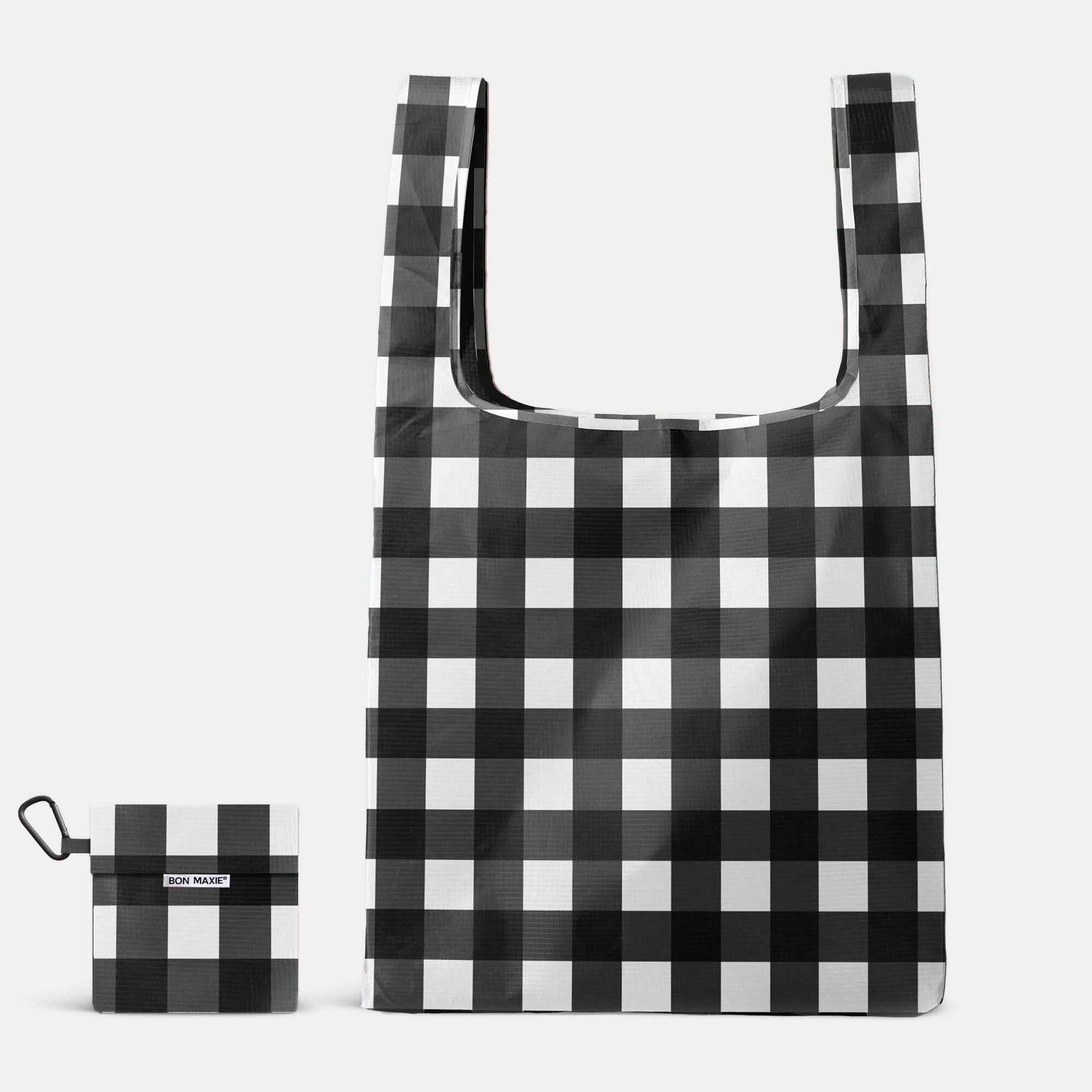 Reusable Shopping Bag with pouch in washable nylon - 2 Sizes -- Black Large Gingham