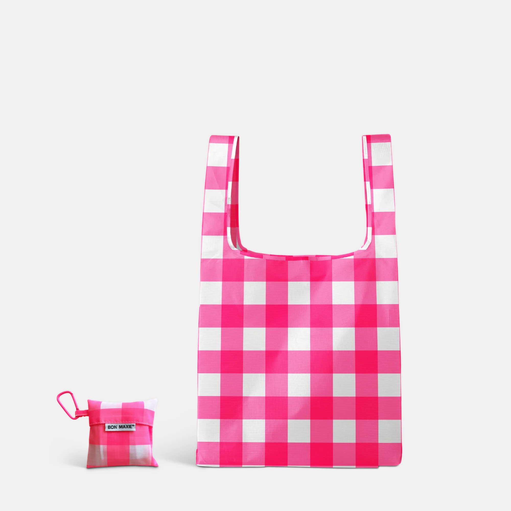 Reusable Shopping Bag with pouch in washable nylon - 2 Sizes -- Neon Pink Gingham