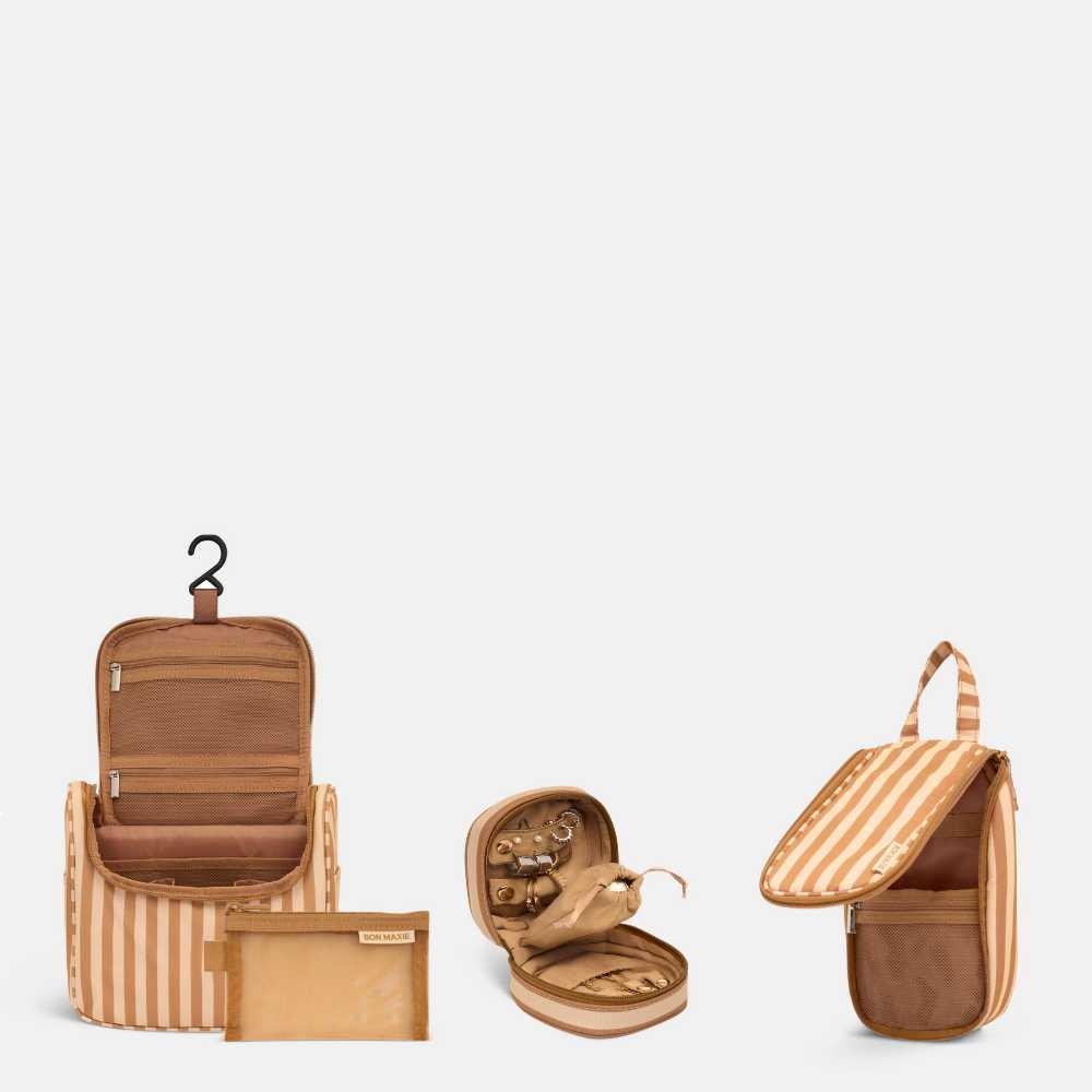 Travel Essentials Bundle - Toiletry Duo + Jewellery Case -- Tan/Beige Stripe