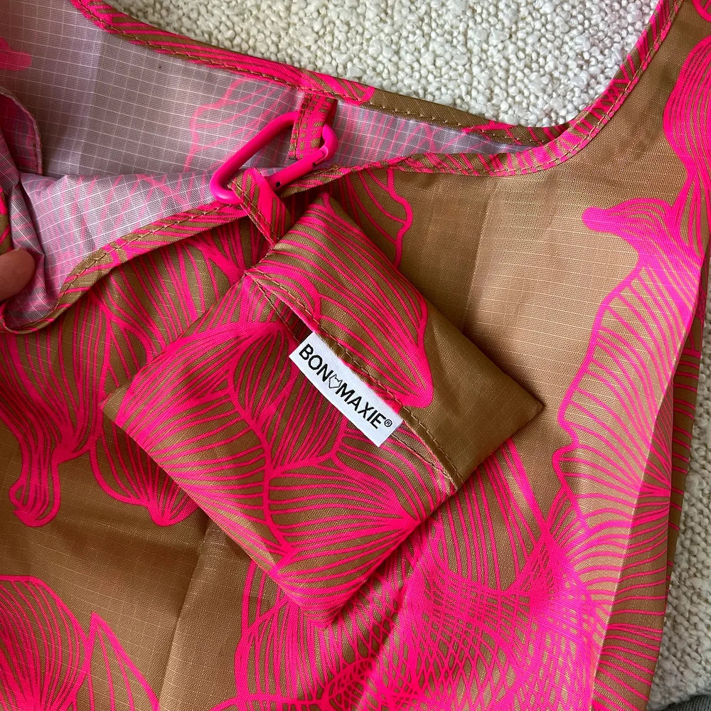 Reusable Shopping Bag - Neon Pink / Tan Floral Bon Maxie