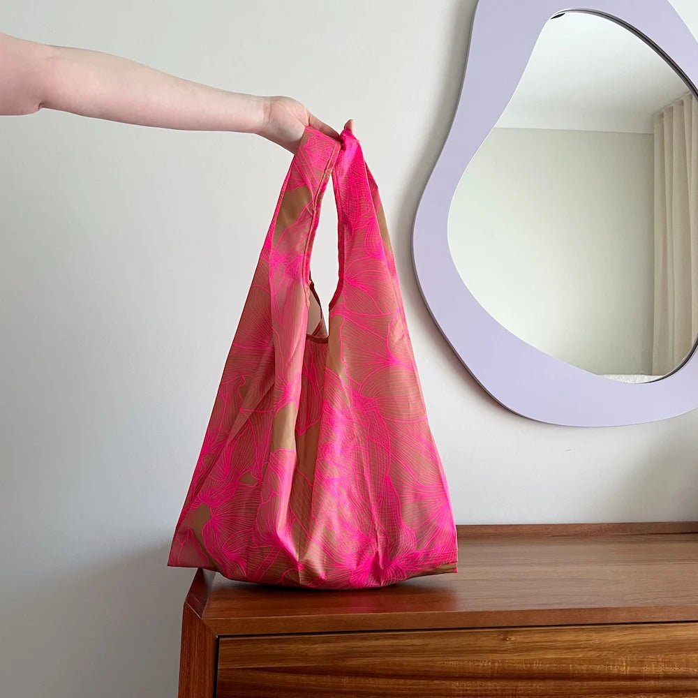 Reusable Shopping Bag - 2 Sizes - Neon Pink / Tan Floral Reusable Shopping Bags Mini