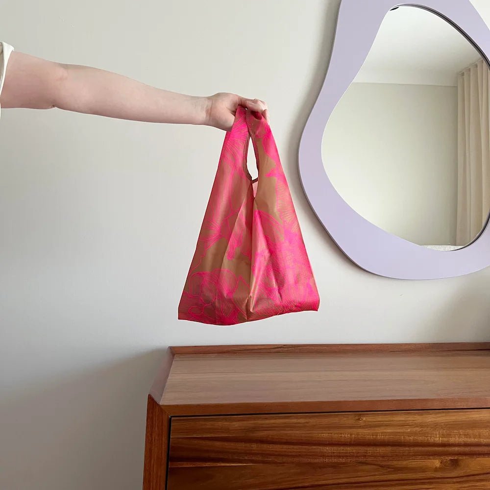 Reusable Shopping Bag - 2 Sizes - Neon Pink / Tan Floral Reusable Shopping Bags Mini