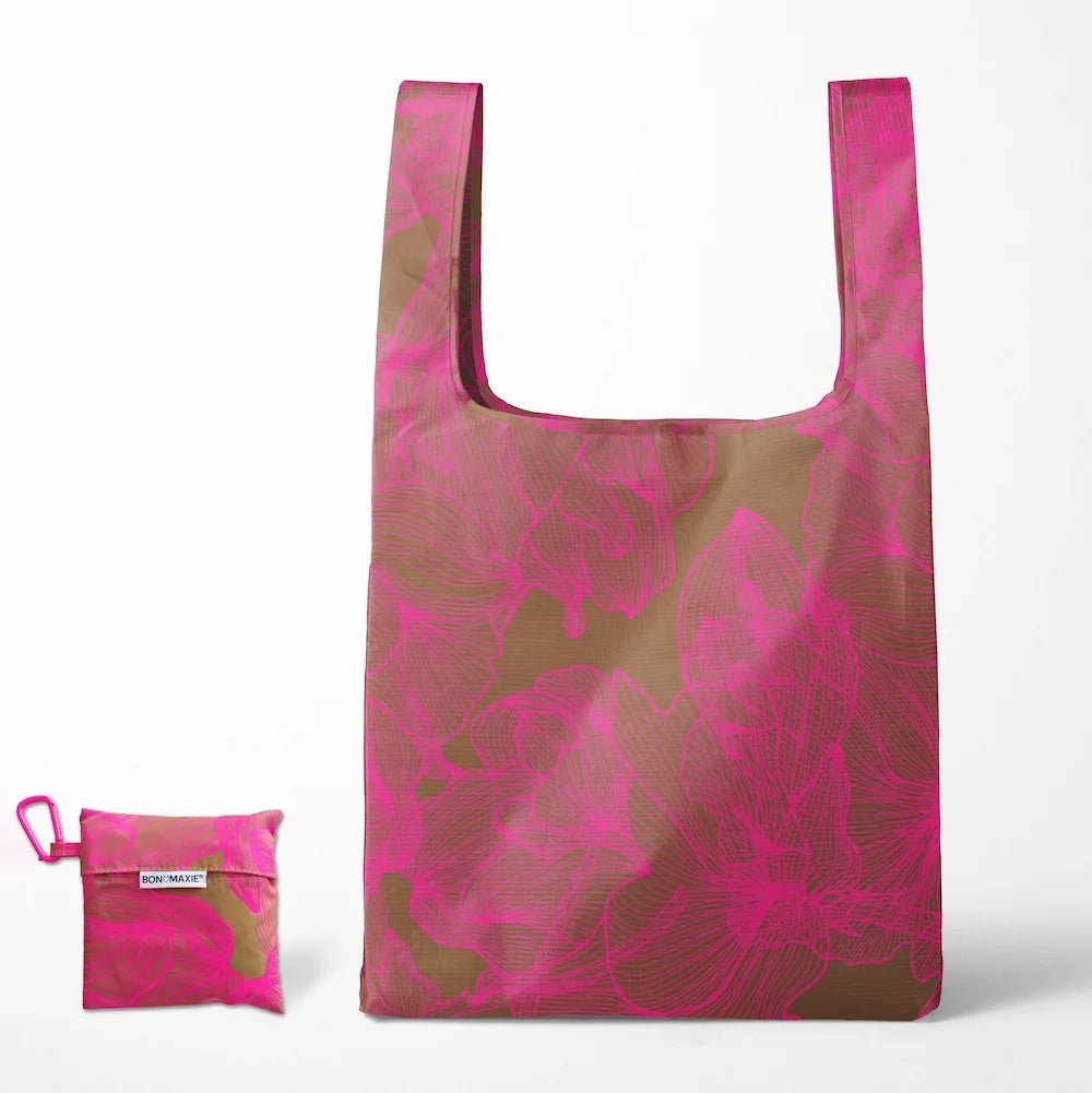 Reusable Shopping Bag with Pouch Neon Pink Tan Floral Bon Maxie BON MAXIE