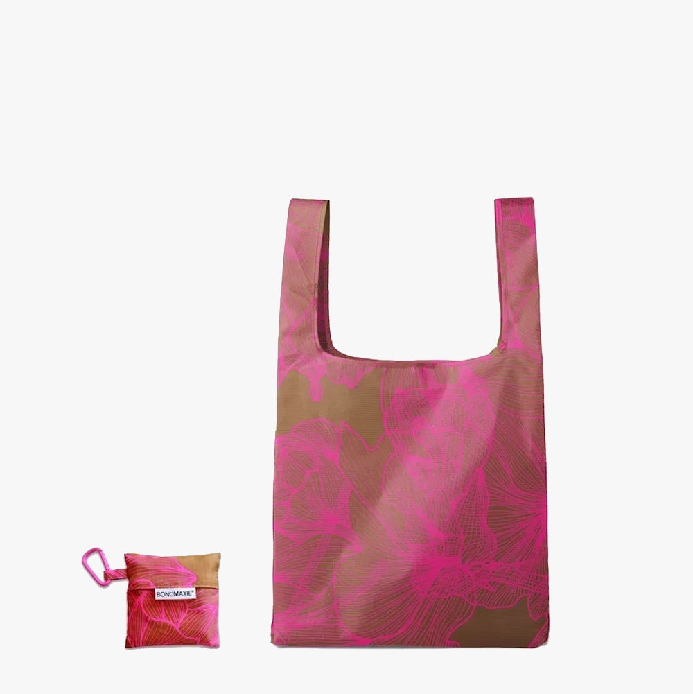 Reusable Shopping Bag with Pouch Neon Pink Tan Floral Bon Maxie BON MAXIE
