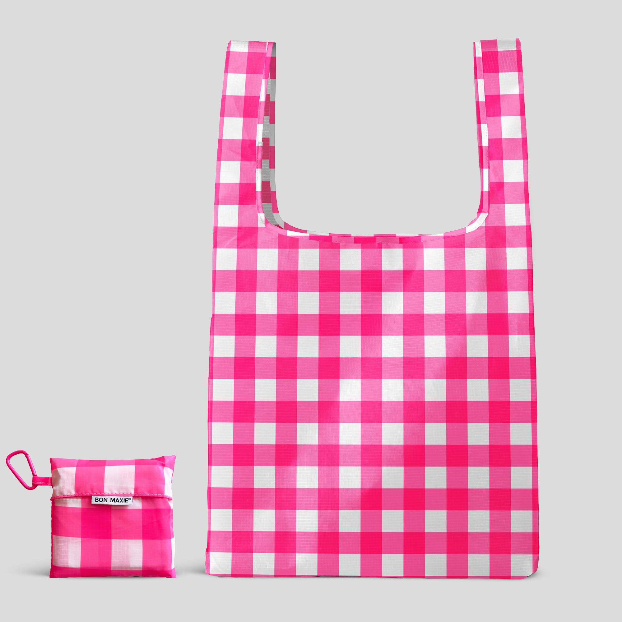 Reusable Shopping Bag - 2 Sizes -- Neon Pink Gingham