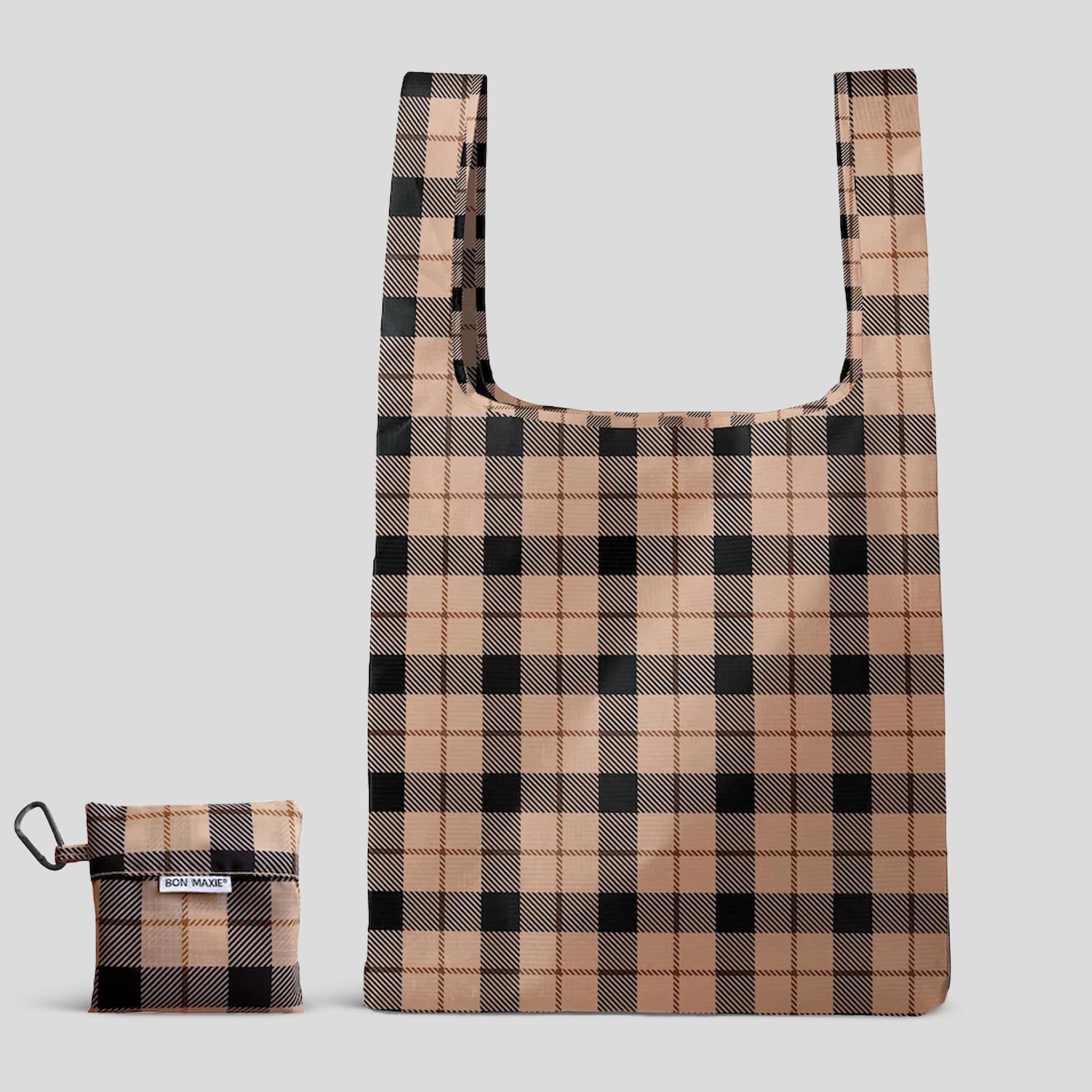 Reusable Shopping Bag - 2 Sizes -- Tan Tartan