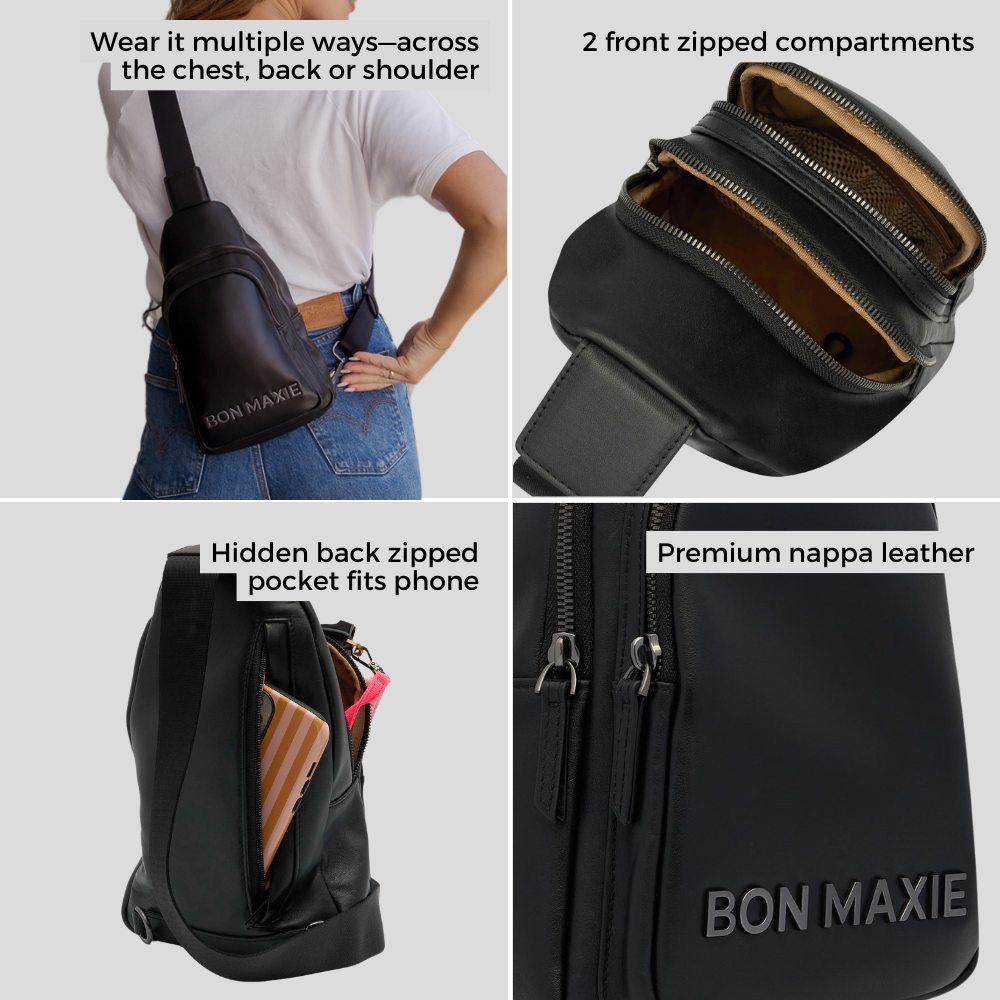 Multiwear Leather Crossbody Sling Bag -- Black Bold Logo