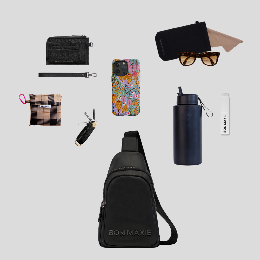 Multiwear Leather Crossbody Sling Bag -- Black Bold Logo