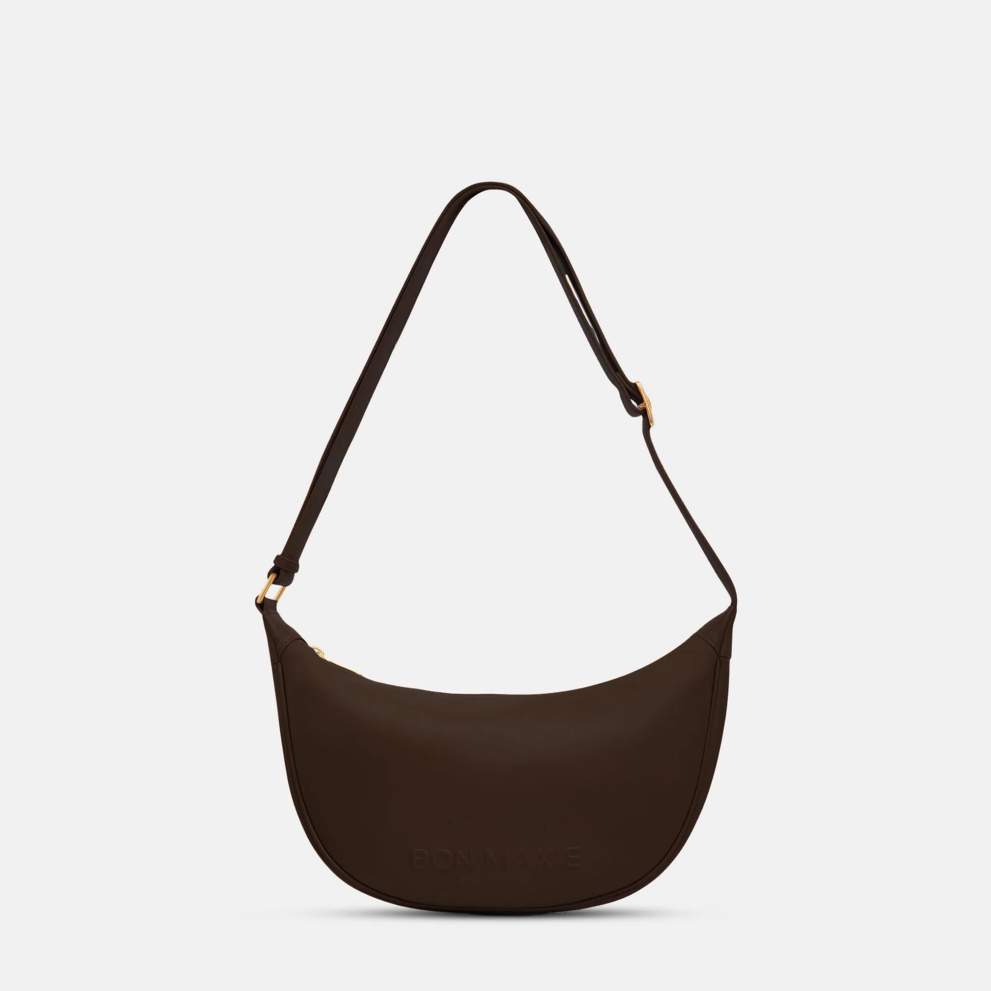 Slouchy Crescent Crossbody Bag in smooth nappa leather -- Dark Chocolate
