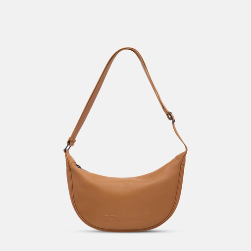 Slouchy Crescent Crossbody Bag in smooth nappa leather -- Tan