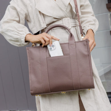 Small Structured Tote Bag in signature coated canvas -- Chocolate
