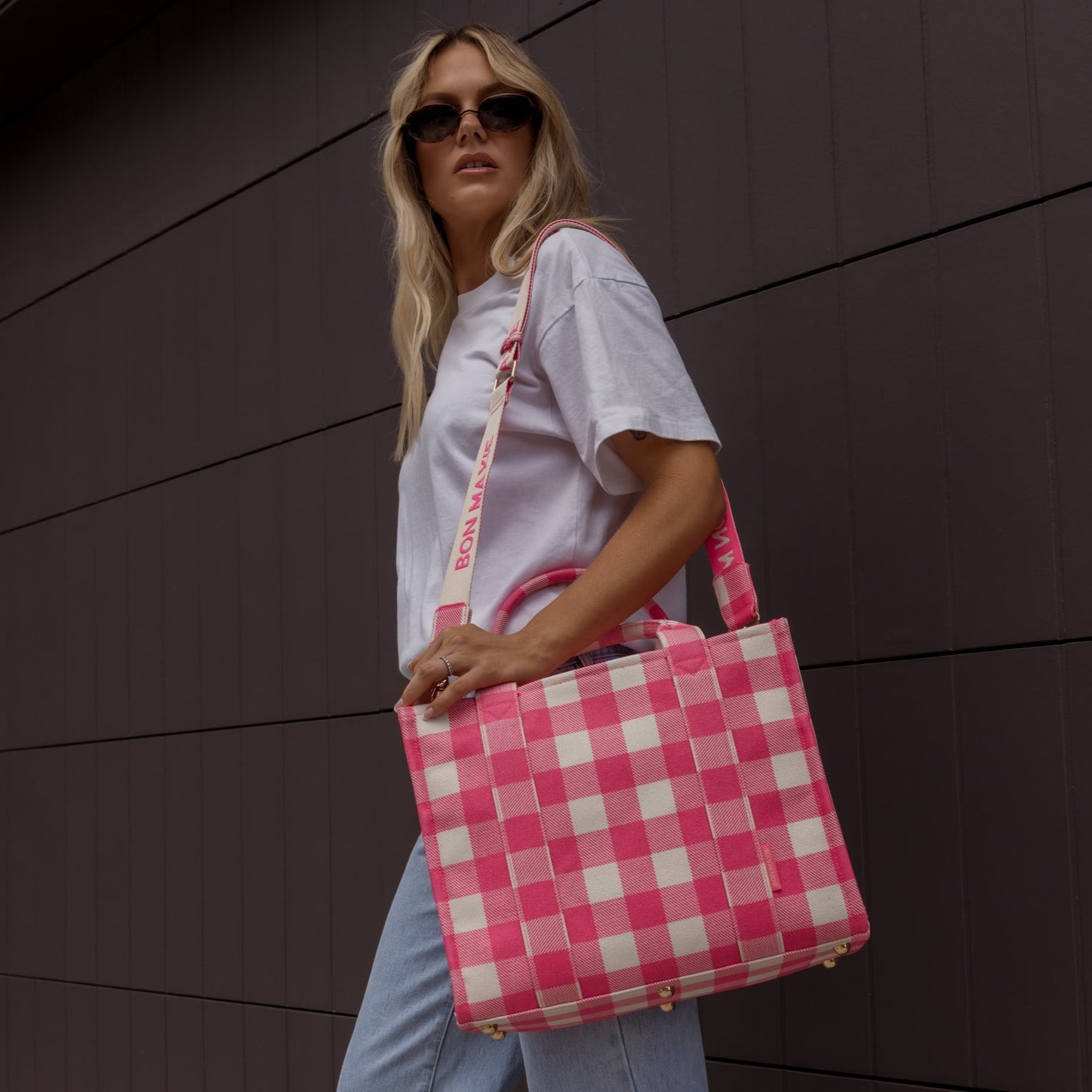 Small Bon Vivant Structured Tote Bag -- Neon Pink Gingham