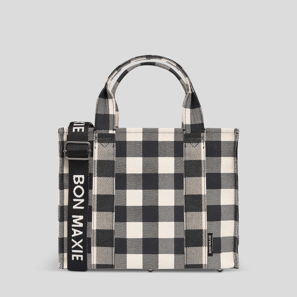 Small Bon Vivant Structured Tote Bag 3.0 - Mini Tote Black Gingham Tote Bag Gunmetal