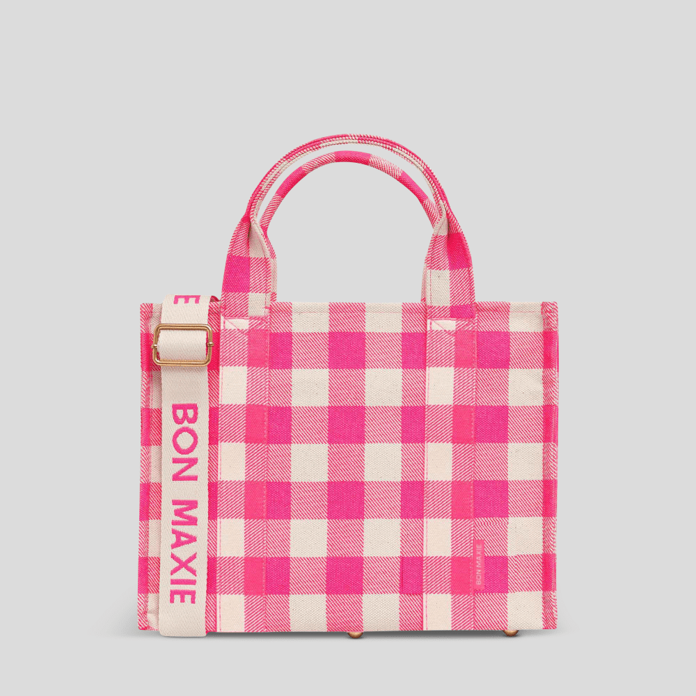 Small Bon Vivant Structured Tote Bag 3.0 - Mini Tote Neon Pink Gingham Tote Bag Gold