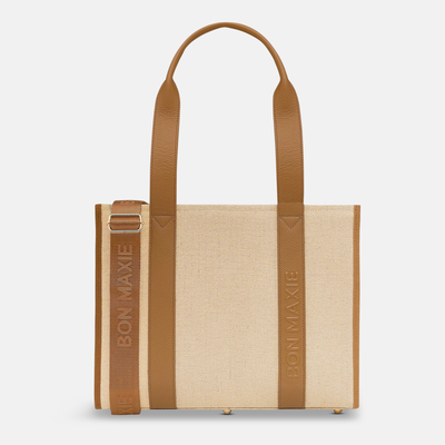 Small Structured Tote Bag in jute canvas with leather - Tan