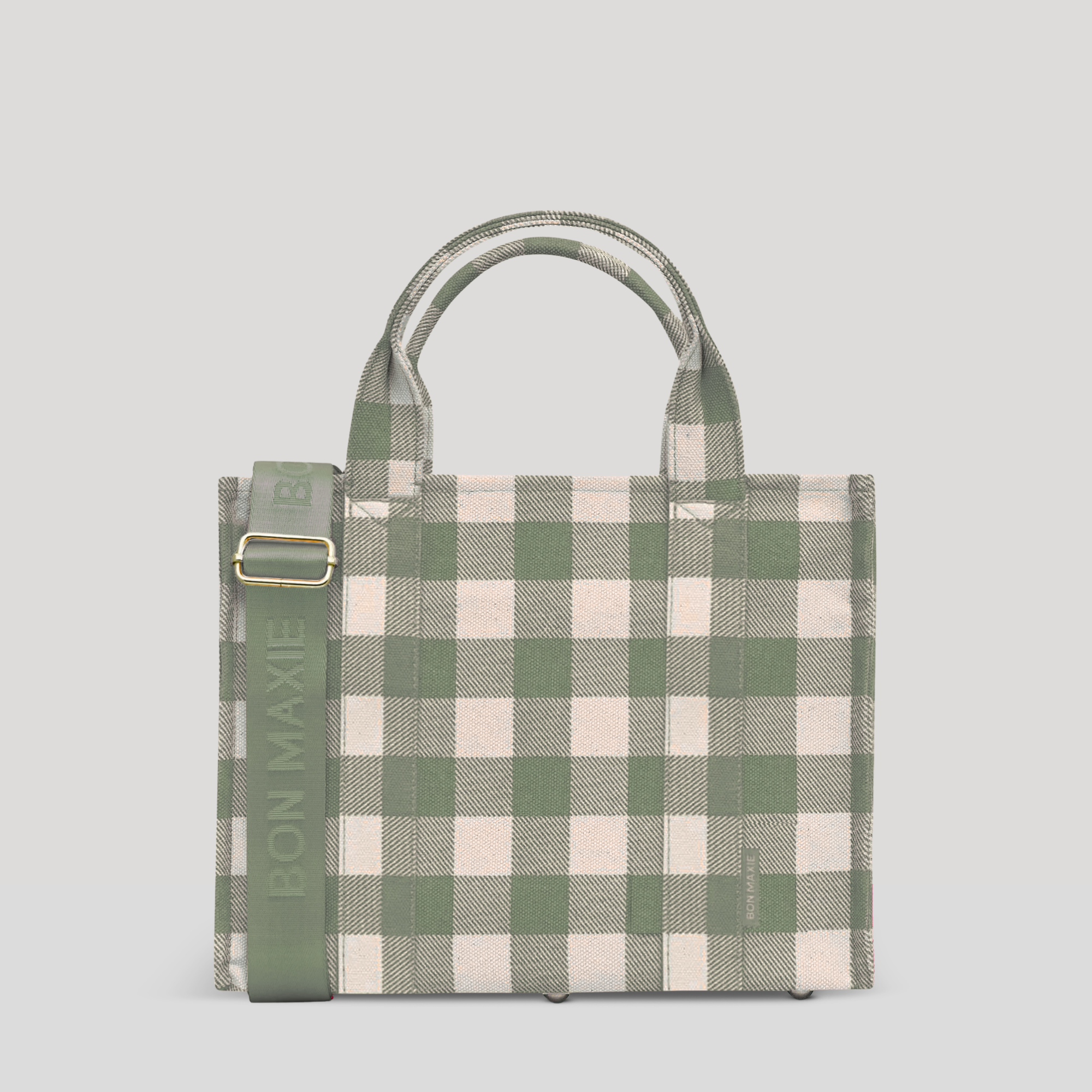 Small Structured Tote Bag in signature coated canvas -- Sage Gingham