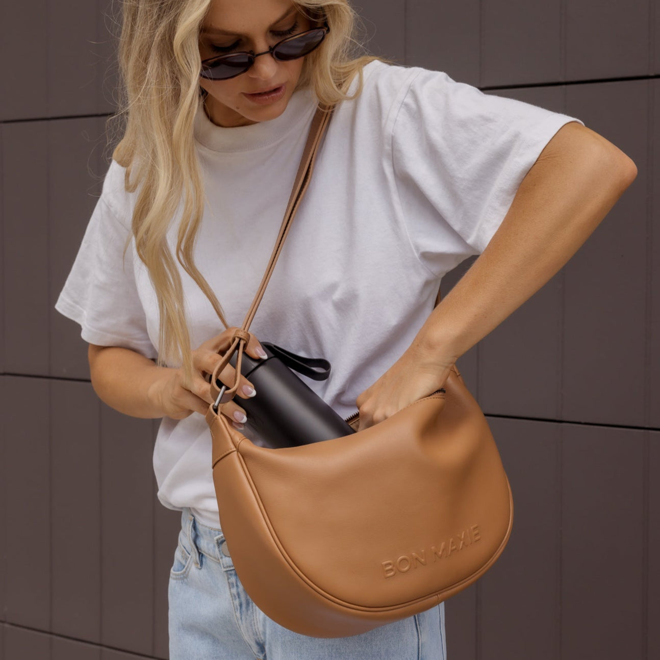 Slouchy Leather Crescent Crossbody Bag -- Tan