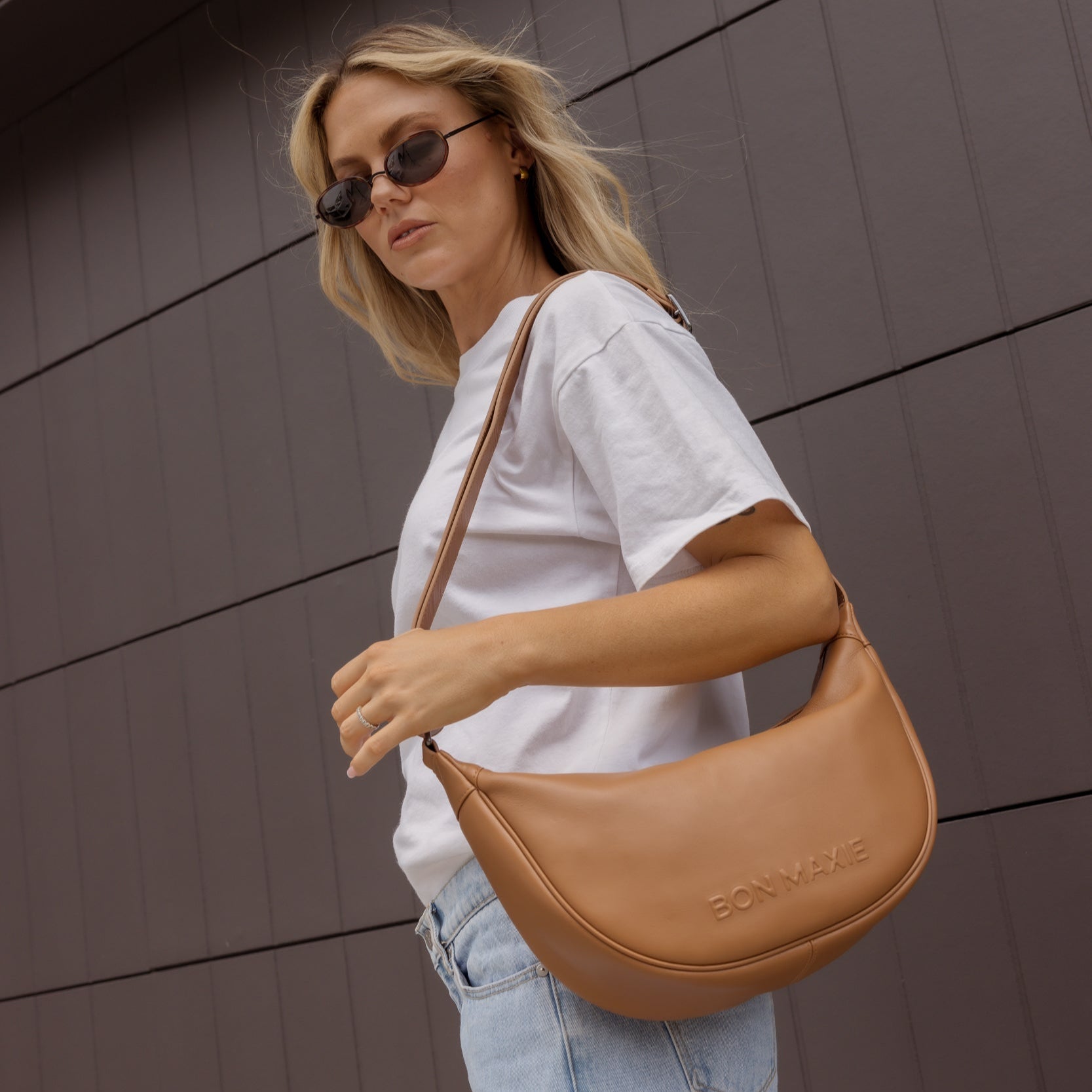 Slouchy Leather Crescent Crossbody Bag -- Tan