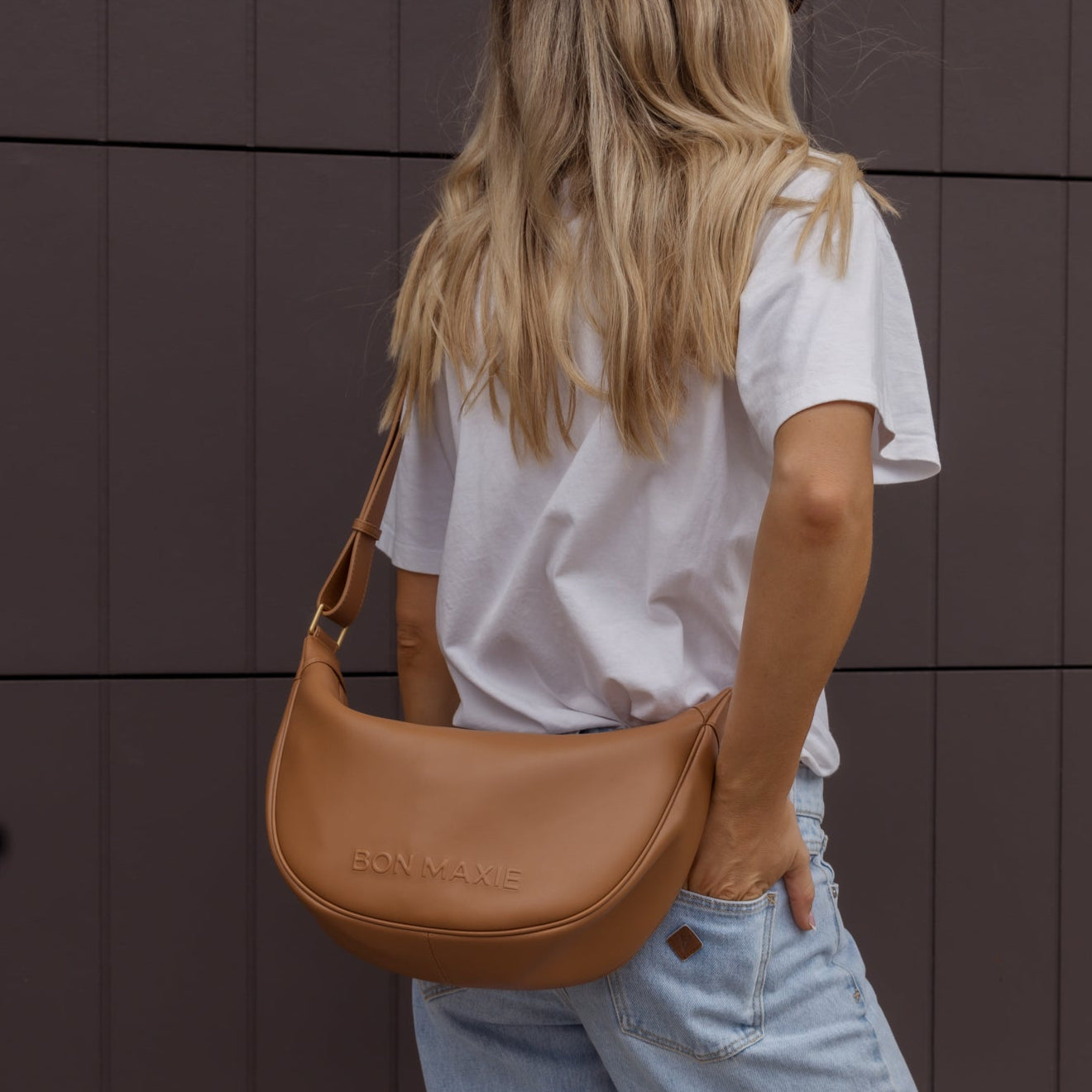 Slouchy Leather Crescent Crossbody Bag -- Tan