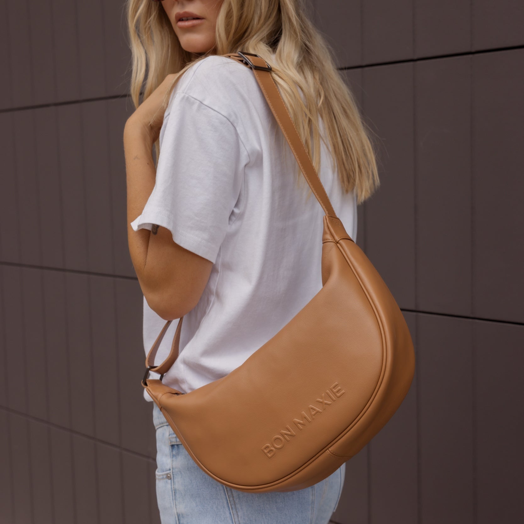 Slouchy Leather Crescent Crossbody Bag -- Tan
