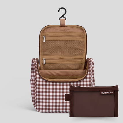 Hanging Toiletry Bag + Pouch Set - Choc Gingham