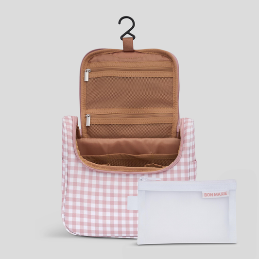 Hanging Toiletry Bag + Pouch Set – Milk Tea Gingham