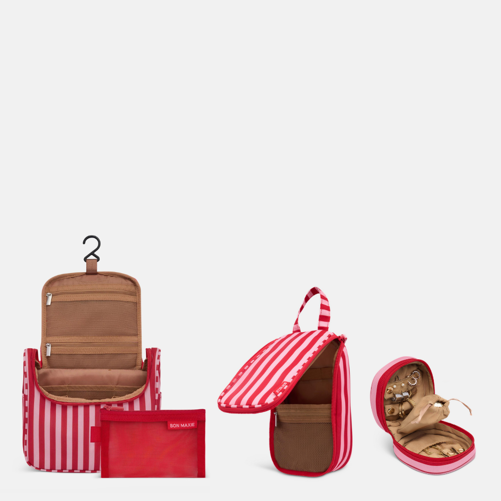 Travel Toiletry + Jewellery Case Trio Bundle - Pink/Red Stripe