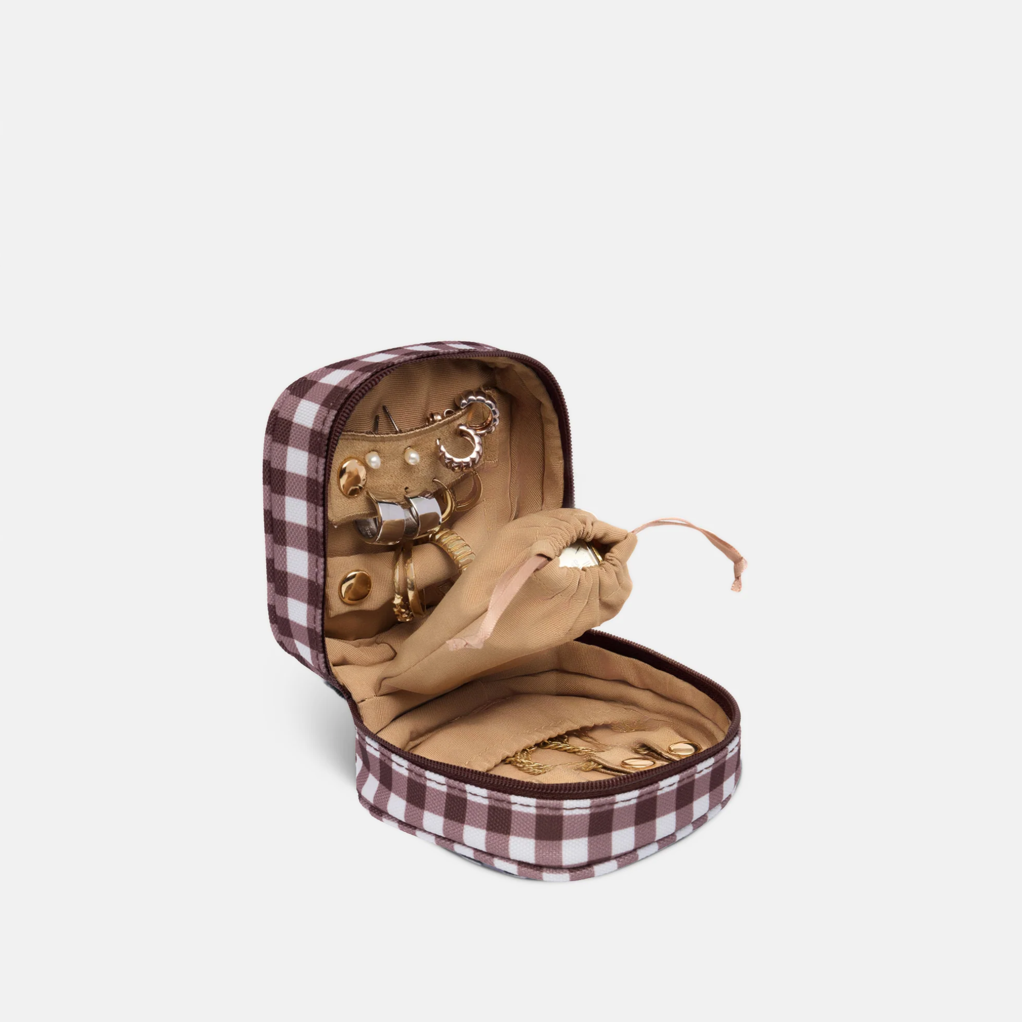 Travel Jewellery Case - Chocolate Gingham