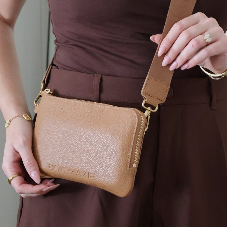 Bon Maxie Crossbody Phone Wallet in tan worn crossbody