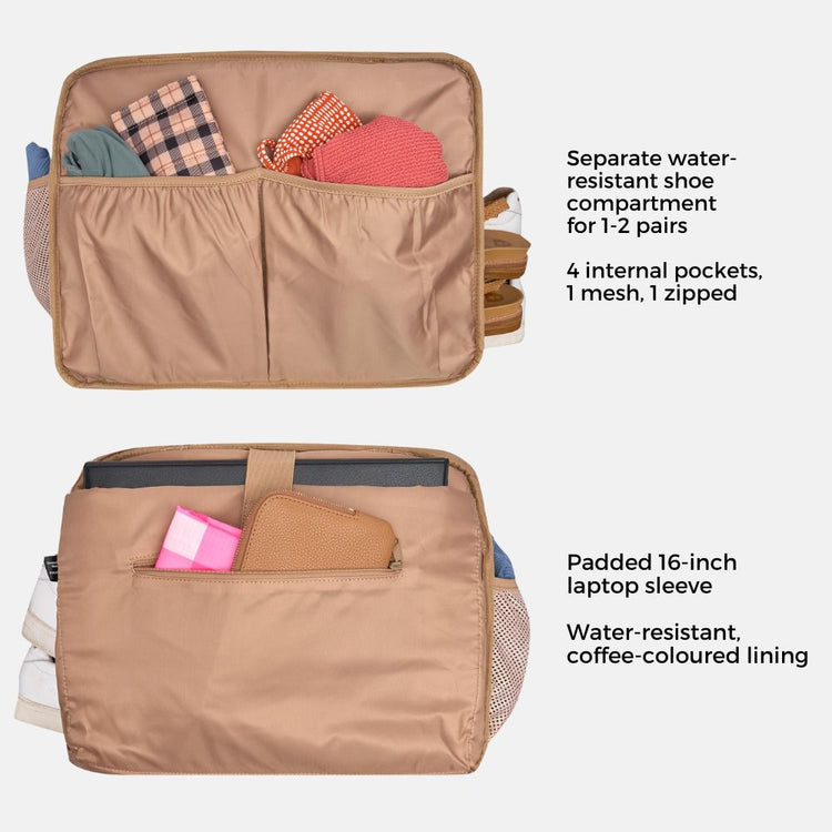 Bon Maxie Everyday Duffel Bag in tan, interior pockets and laptop sleeve