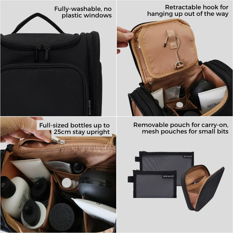 Bon Maxie large toiletry bag in black, showing features