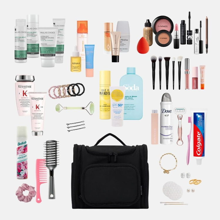 Bon Maxie large toiletry bag in black, showing capacity of what fits