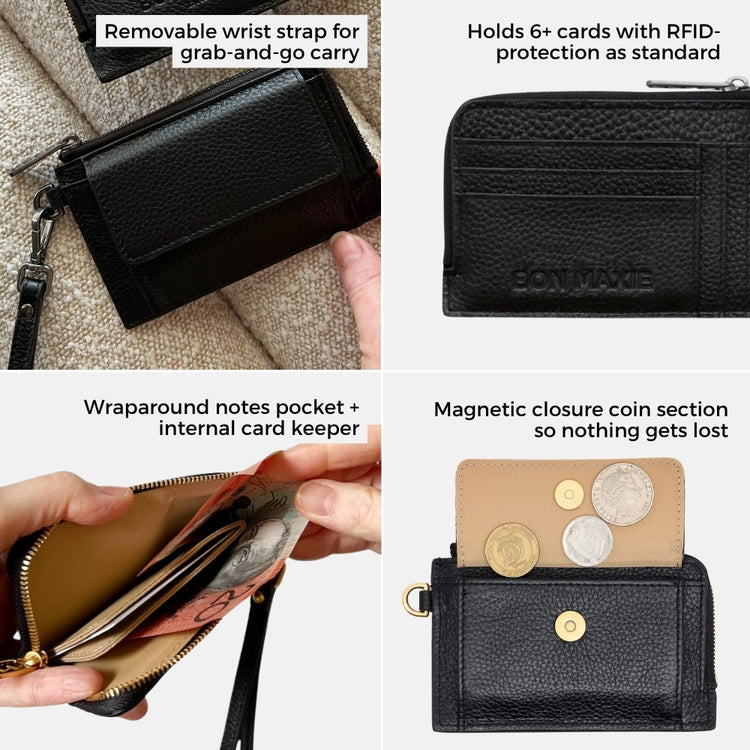 Bon Maxie Mini Wallet in black showing feature highlights