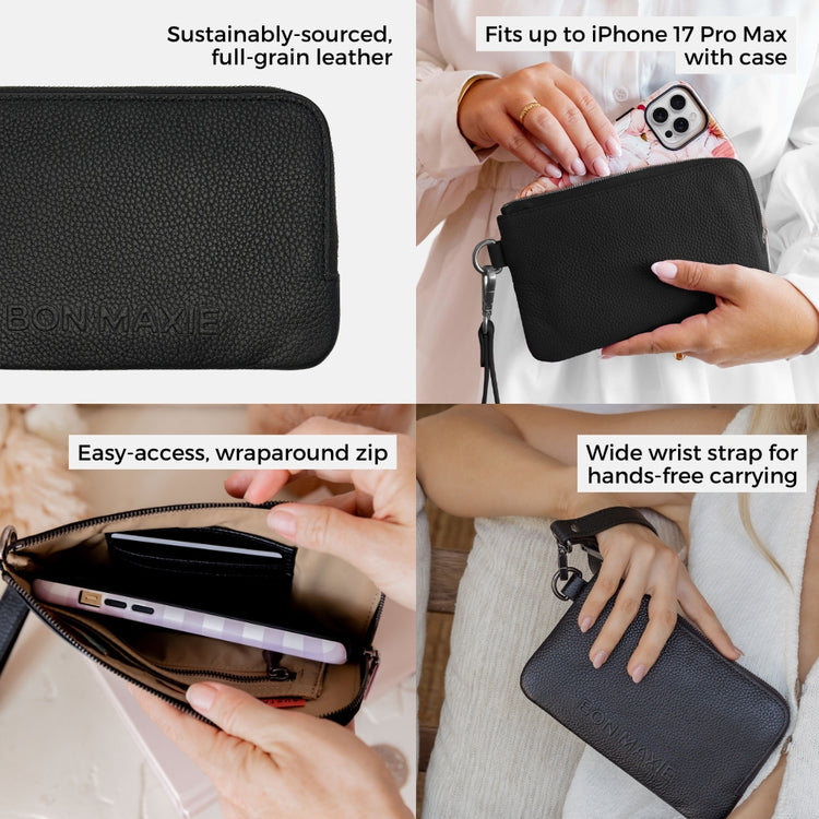 Bon Maxie Phone Wallet in black showing feature highlights