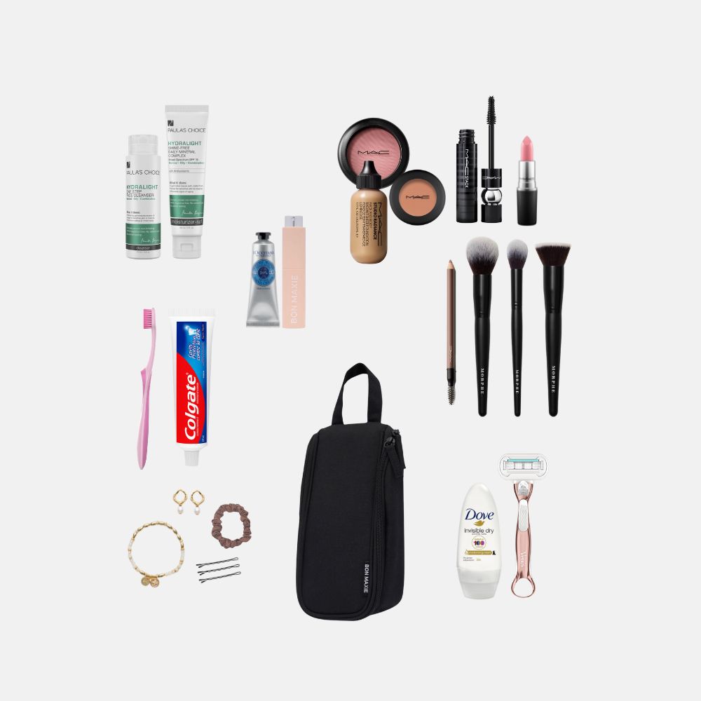 Bon Maxie Slimline Toiletry Bag in black showing capacity of what fits