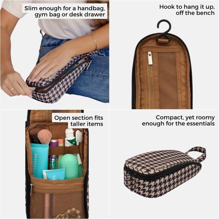 Bon Maxie slimline toiletry bag in houndstooth showing features