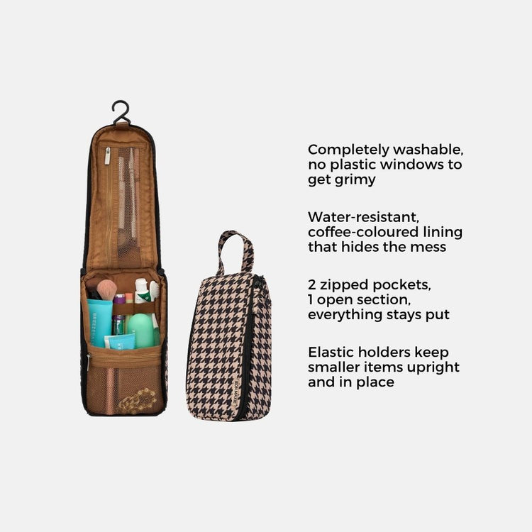 Bon Maxie slimline toiletry bag in houndstooth showing interior and exterior