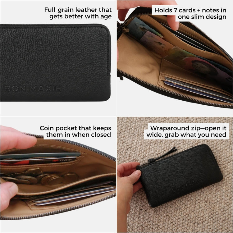 Bon Maxie Slimline Wallet in black showing feature highlights