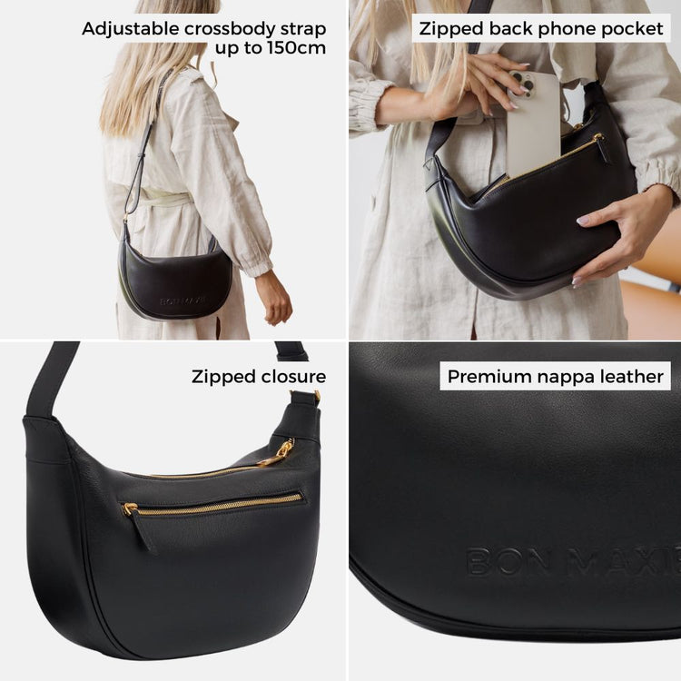 Bon Maxie Slouchy Crescent Bag in black, feature highlights