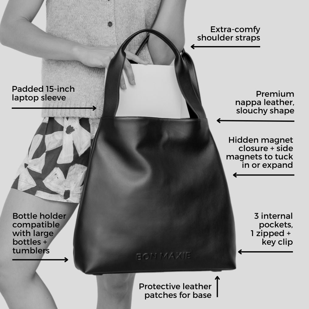 Bon Maxie slouchy tote bag in black  with key features shown