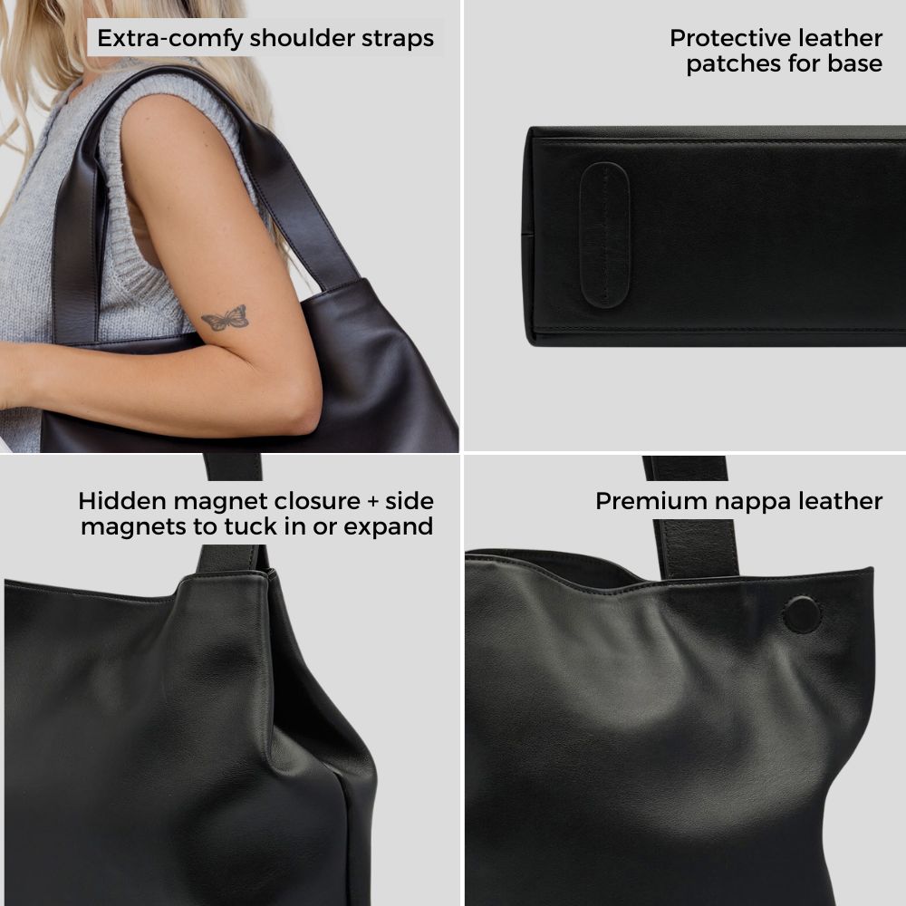 Bon Maxie slouchy tote bag in black  showing feature highlights