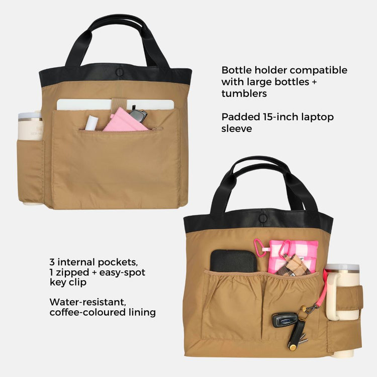 Bon Maxie Slouchy Tote in black, interior pockets and laptop sleeve