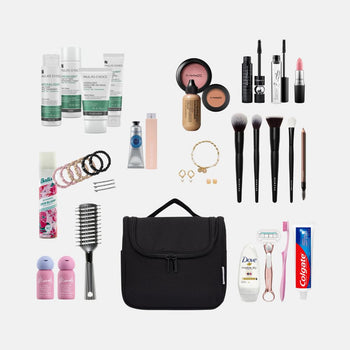 Bon Maxie Toiletry Bag in black showing capacity of what fits