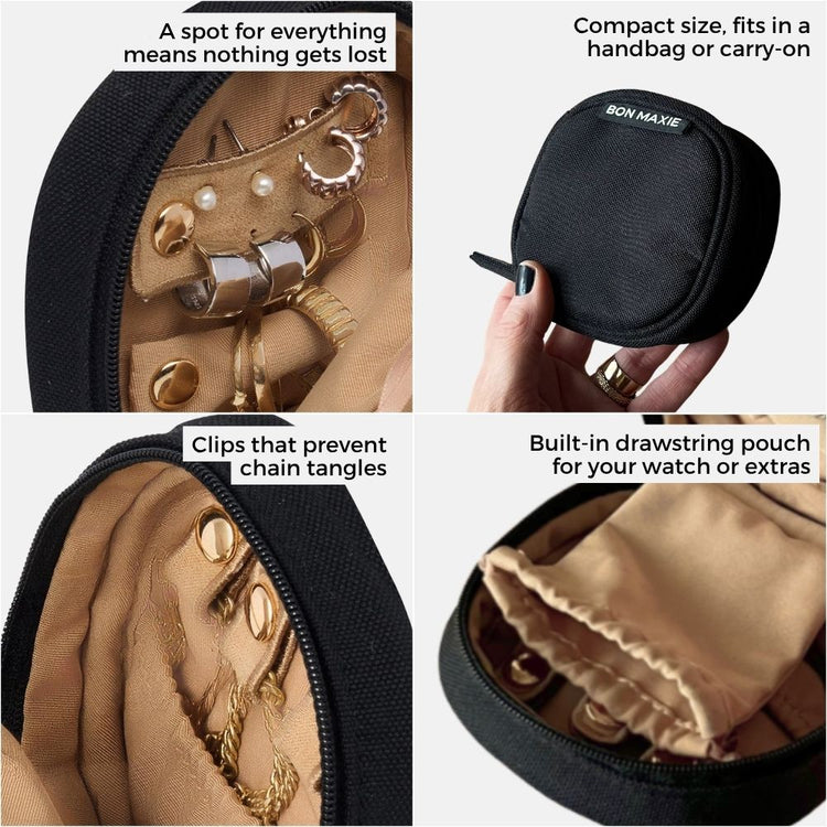 Bon Maxie Travel Jewellery case in black showing features