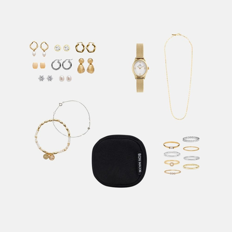 Bon Maxie Travel Jewellery case in black showing what fits