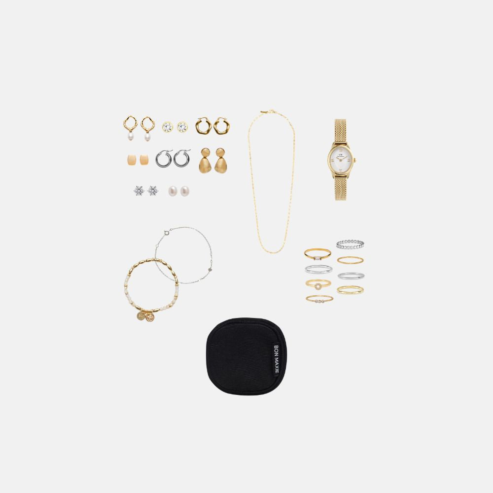 Bon Maxie Travel Jewellery Case in black showing capacity of what fits